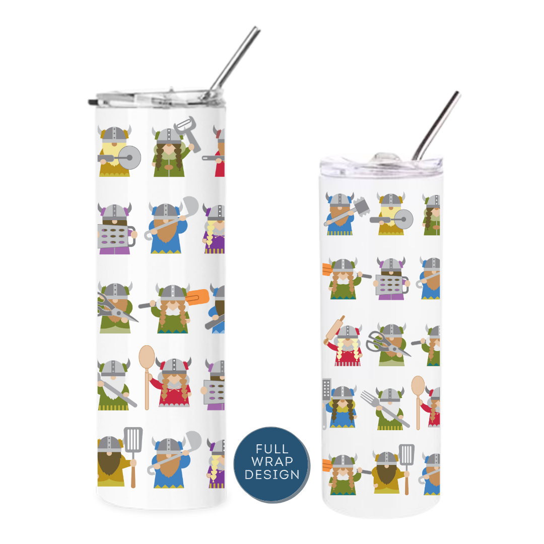 Set of two 20 oz. straight insulated tumblers features Cindy Lindgrens Kitchen Vikings artwork—a playful pattern of cartoon Vikings with kitchen utensils. Includes metal straws.