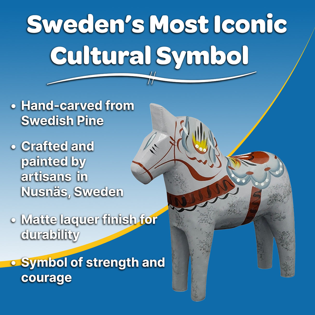 The Dala Horse: "Love Horse" Karlekshast 13cm 5" Approx is a hand-carved, decoratively painted Swedish icon, shown against a blue backdrop to celebrate classic heritage and showcase its unique craftsmanship.