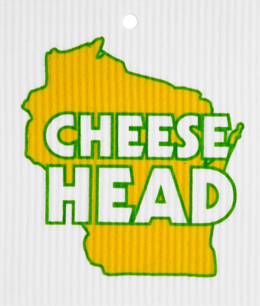 A yellow silhouette of Wisconsin, featuring the bold text CHEESE HEAD in white with a green outline, much like the super absorbent and eco-friendly Dish Cloth: Cheese Head.
