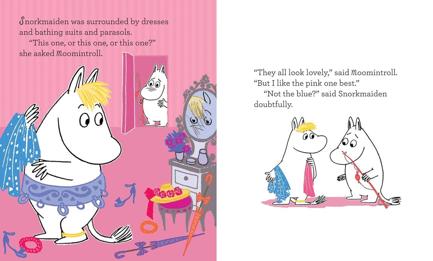 Snorkmaiden, holding up a pink dress, asks Moomintroll for advice. Nearby, he holds a blue dress as they discuss outfits inspired by Book: Moomin and the Moonlight Adventure by Tove Jansson, ready for their next moonlit adventure.