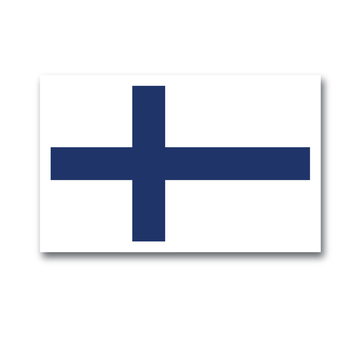 The image shows a Nordic Sticker: Finnish Flag – Celebrate Finland, a 4x2.5 inch glossy, UV and water-resistant design with blue intersecting stripes on white, evoking Finnish pride and culture. Buy 3 get 1 free! Dishwasher safe and easy to peel.
