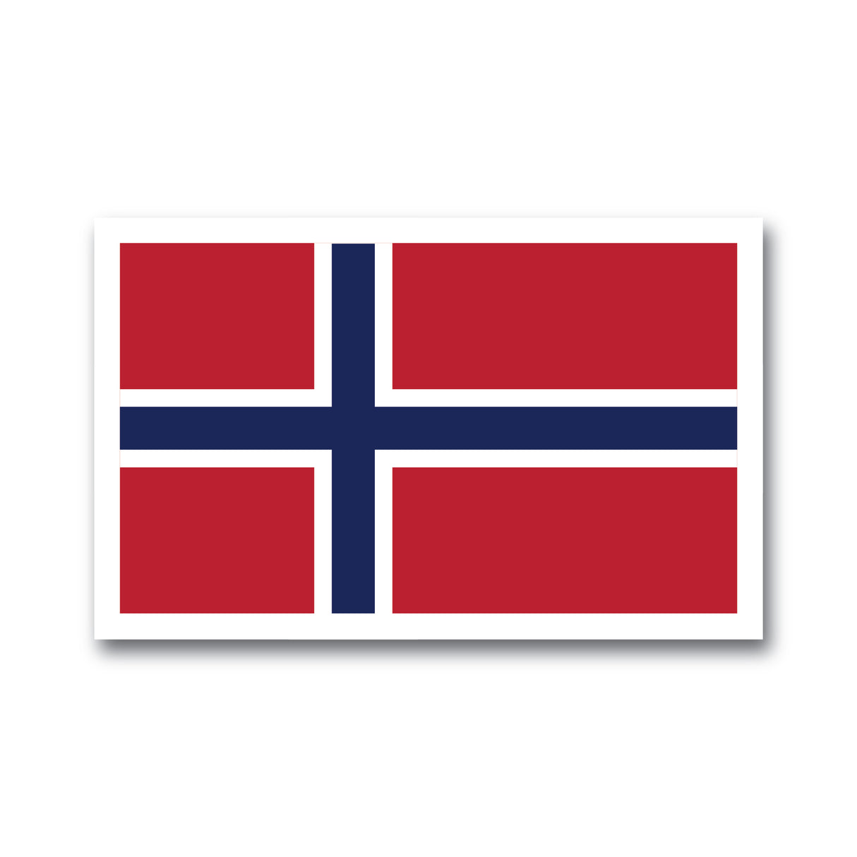 The image shows a Nordic Sticker: Norwegian Flag – Proud Heritage, featuring a red background with a blue cross outlined in white, emblematic of Norway. The sticker is 4 x 2.5 inches, glossy, UV and water-resistant, dishwasher safe, and easy to peel.