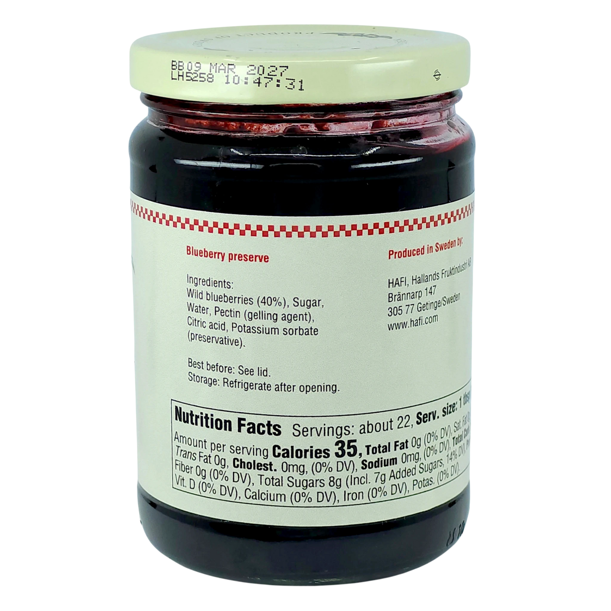A glass jar of Swedish blueberry preserves with a red lid. The front label displays ingredients, nutrition facts, and company information.