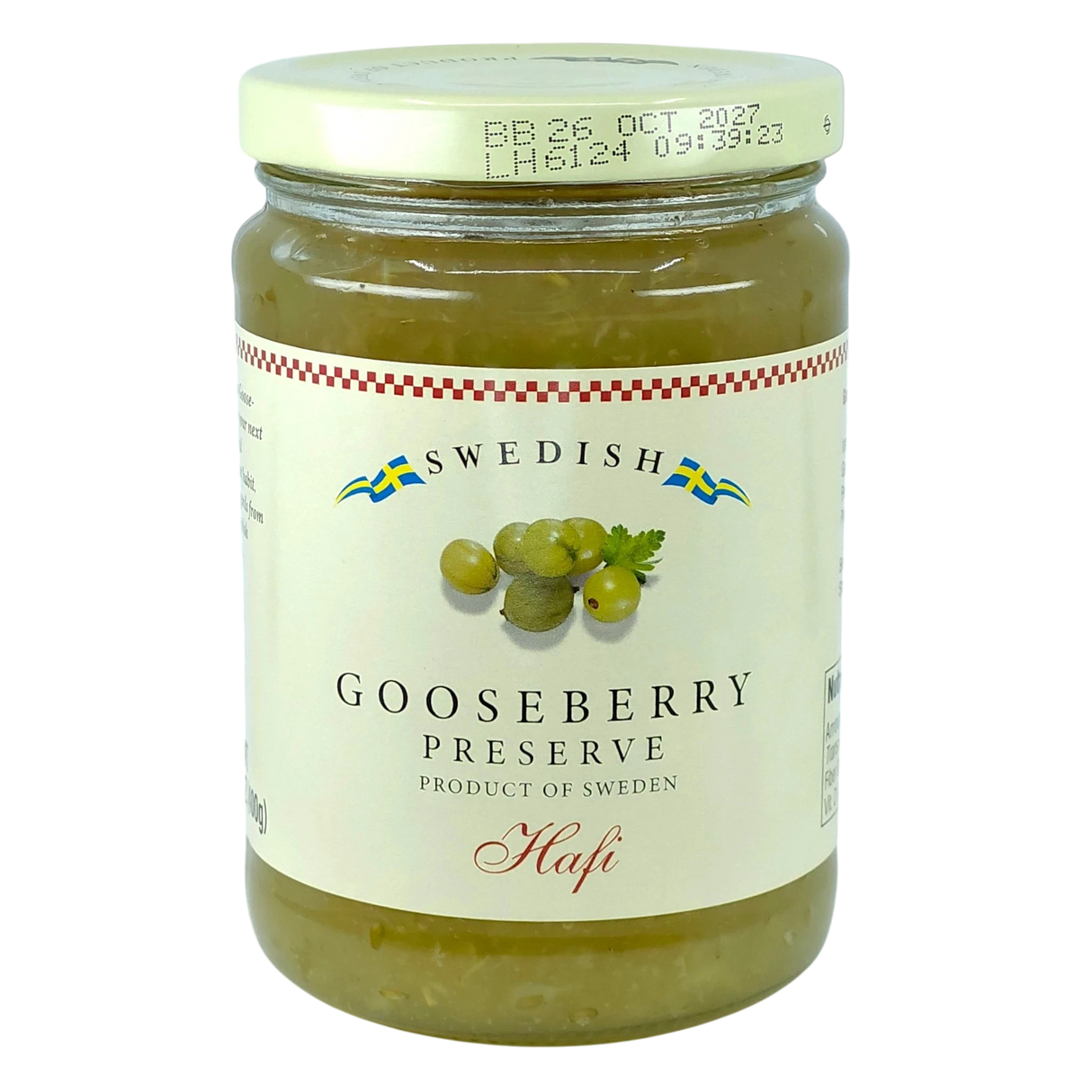 Jar of Swedish gooseberry preserve with a white lid and label showing gooseberries and blue-yellow flags.