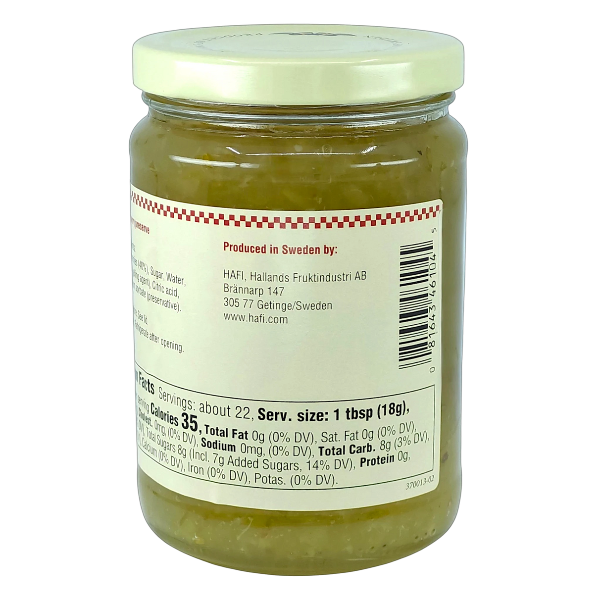 Glass jar containing light green gooseberry preserves. The white label displays nutrition facts, a barcode, and manufacturer information indicating origin from Sweden.