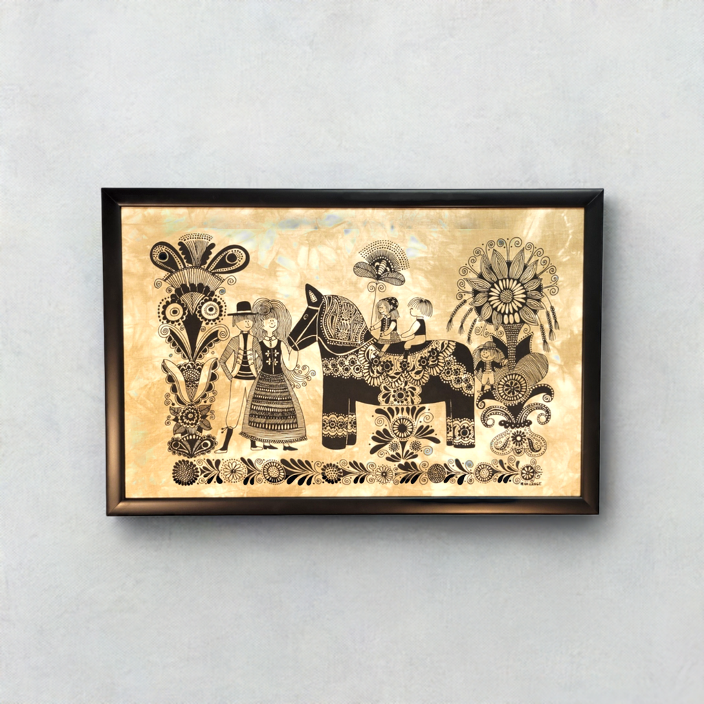 Framed silkscreen "Dala Horse & Family" (27.5"x19") by Swedish artist Heidi Lange features two people in traditional attire beside a decorated dala horse with floral designs on a beige background.