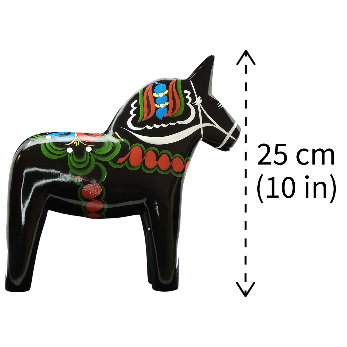 Hand-painted black Swedish Dala horse with colorful patterns next to a height indicator showing 25 cm (10 in).