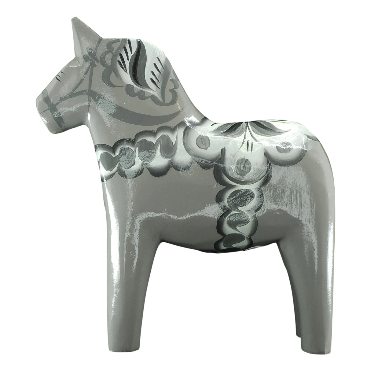 Dala Horse: Gray Swedish Dala Horse with White Black and Gray Kurbits "Sten" | Handcrafted by Grannas A. Olsson in Sweden (13cm / 5 inches)