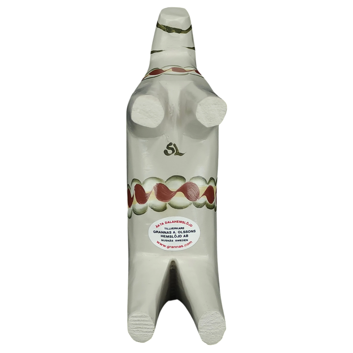 The Grannas Olsson Dala Horse is a handcrafted gray ceramic figurine (13 cm) with four legs, two raised front limbs, and colorful Swedish folk patterns. A sticker with text appears on its front. Part of the Anders Anniversary Series.