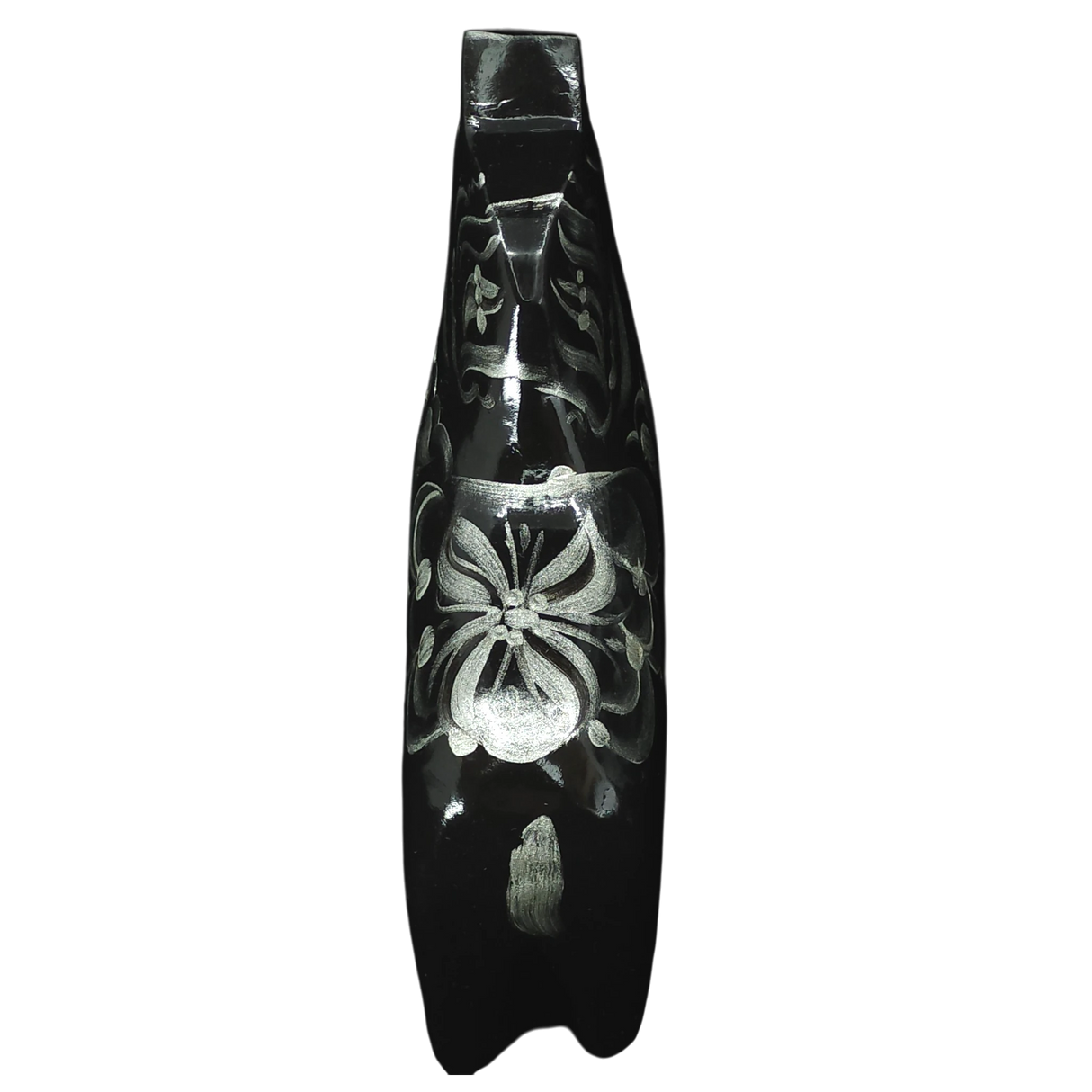 The Grannas Olsson "Celebrate Series" Black & Silver Swedish Dala Horse (13 cm), handcrafted in Sweden, features intricate silver patterns inspired by folk art, shown against a plain white background.