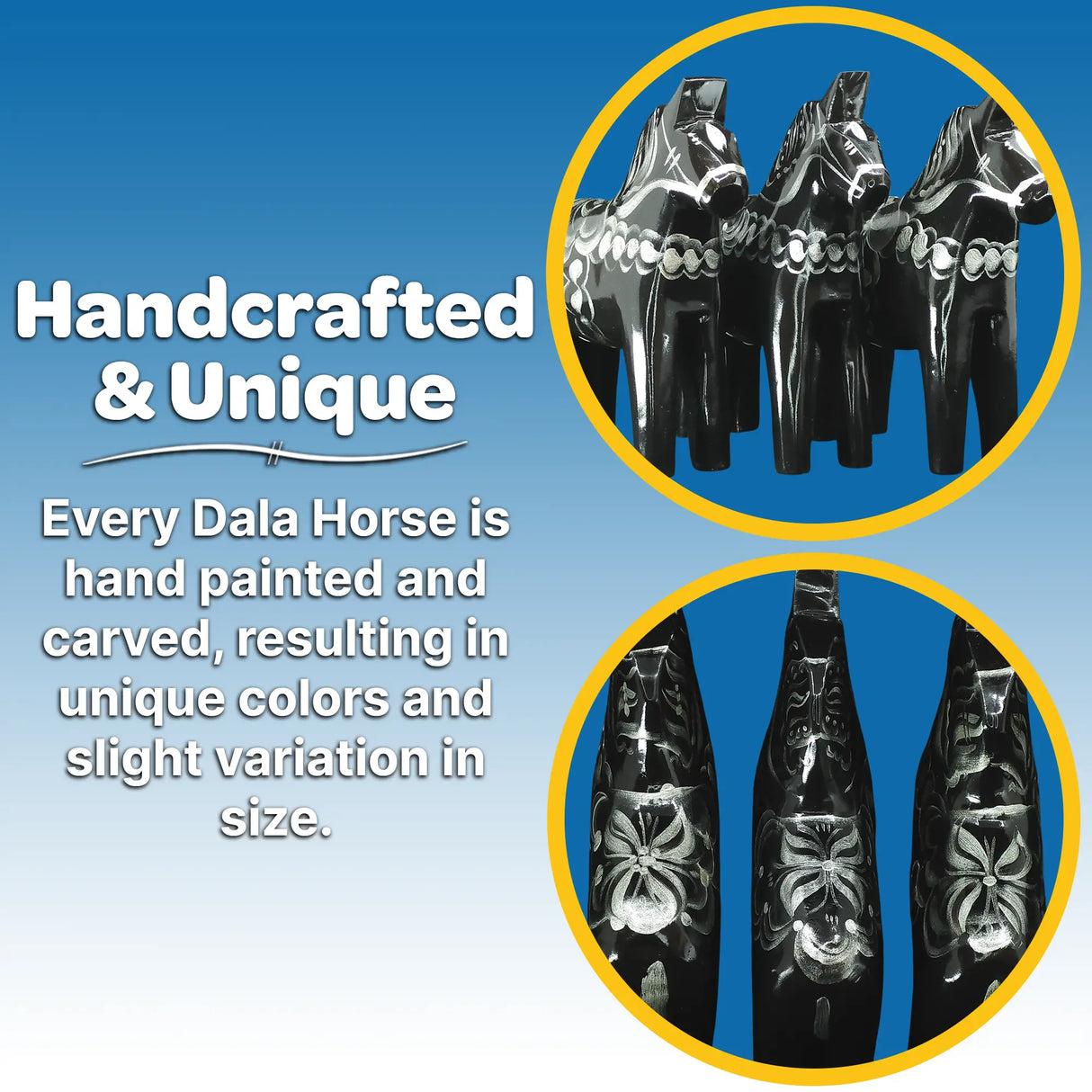 Two images show the Grannas Olsson Black & Silver Swedish Dala Horse "Celebrate Series" (13 cm), handcrafted and hand-painted in Sweden. Each horse is unique, reflecting Swedish folk art with variations in color and size.