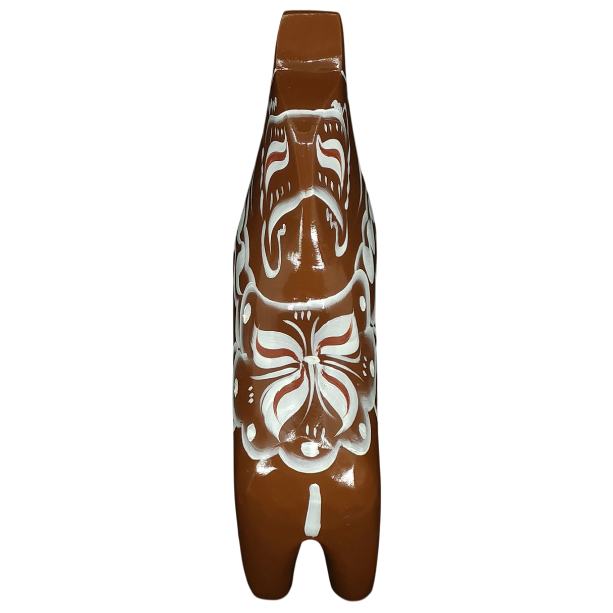 The Grannas Olsson Brown Swedish Dala Horse "Gingerbread" (13 cm), handcrafted in Sweden, features white abstract and butterfly-like painted patterns inspired by Scandinavian heritage, displayed from above on a white background.