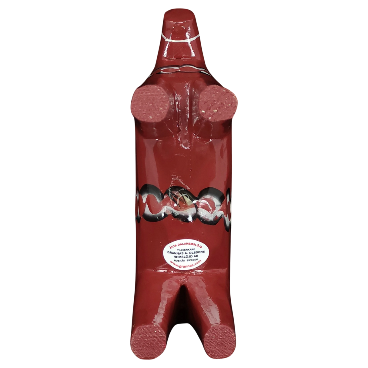 The Dala Horse: Burgundy Swedish Dala Horse "Maria / Anniversary Series" by Grannas Olsson is a 15 cm hand-painted piggy bank with a wavy black and white stripe, crafted in Sweden with a coin slot on top and white label on the front.