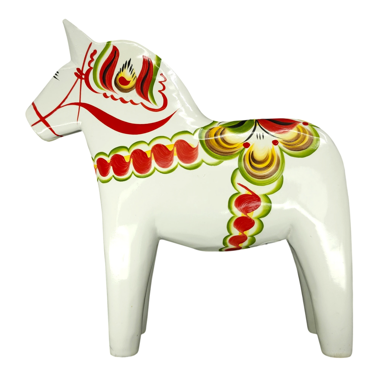 Dala Horse: White Swedish Dala Horse with Multi-Color Kurbits | Handcrafted by Grannas A. Olsson in Sweden