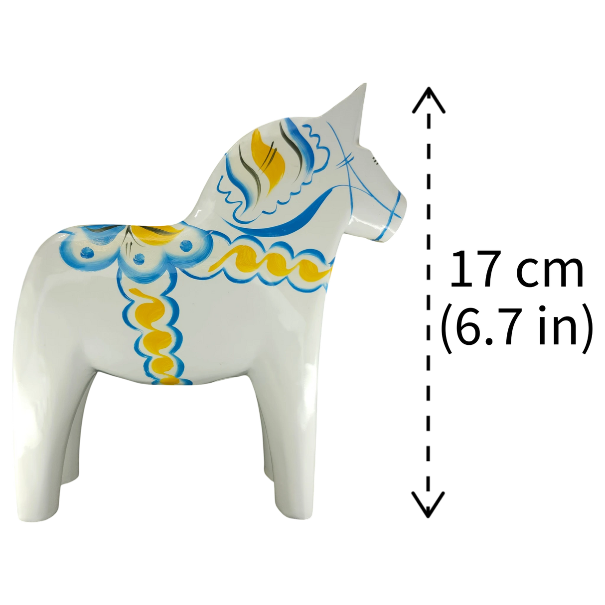 Dala Horse: White Swedish Dala Horse with Blue and Yellow "Swedish Flag Colors | Grannas A. Olsson Made in Sweden