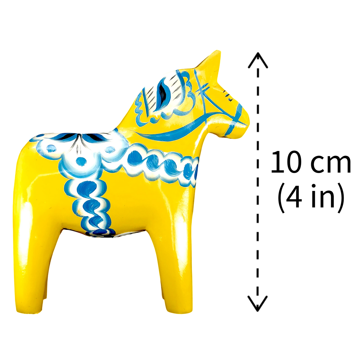 Dala Horse: Yellow Swedish Dala Horse with Blue and White Kurbits "Swedish Flag Colors" | Grannas A. Olsson | Handcrafted in Sweden