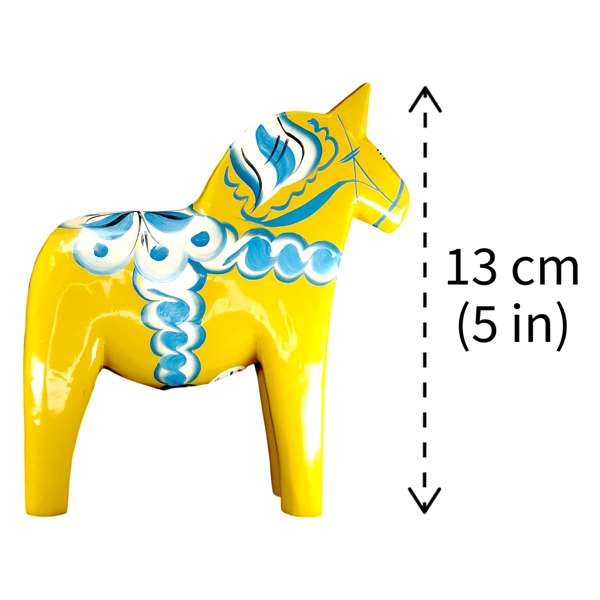 Dala Horse: Yellow Swedish Dala Horse with Blue and White Kurbits "Swedish Flag Colors" | Grannas A. Olsson | Handcrafted in Sweden