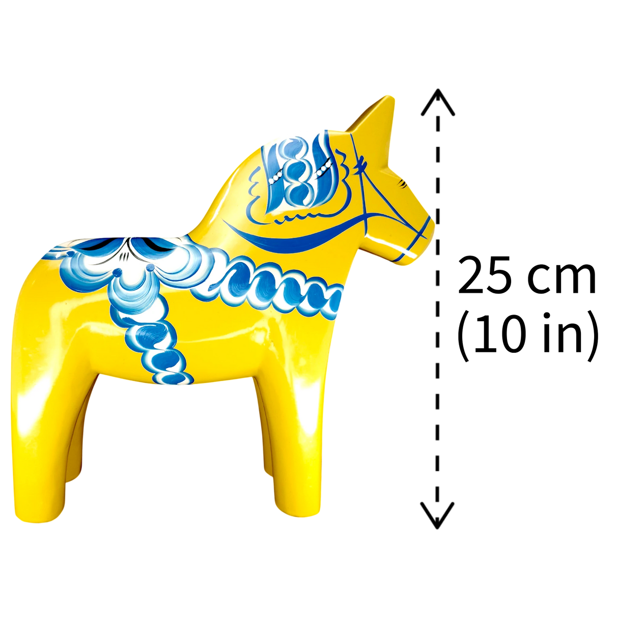 Dala Horse: Yellow Swedish Dala Horse with Blue and White Kurbits "Swedish Flag Colors" | Grannas A. Olsson | Handcrafted in Sweden