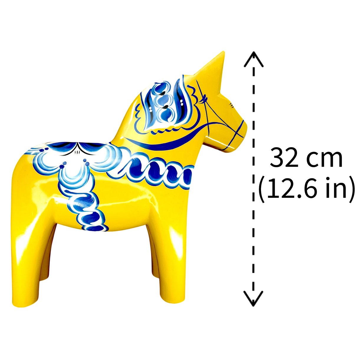 Dala Horse: Yellow Swedish Dala Horse with Blue and White Kurbits "Swedish Flag Colors" | Grannas A. Olsson | Handcrafted in Sweden