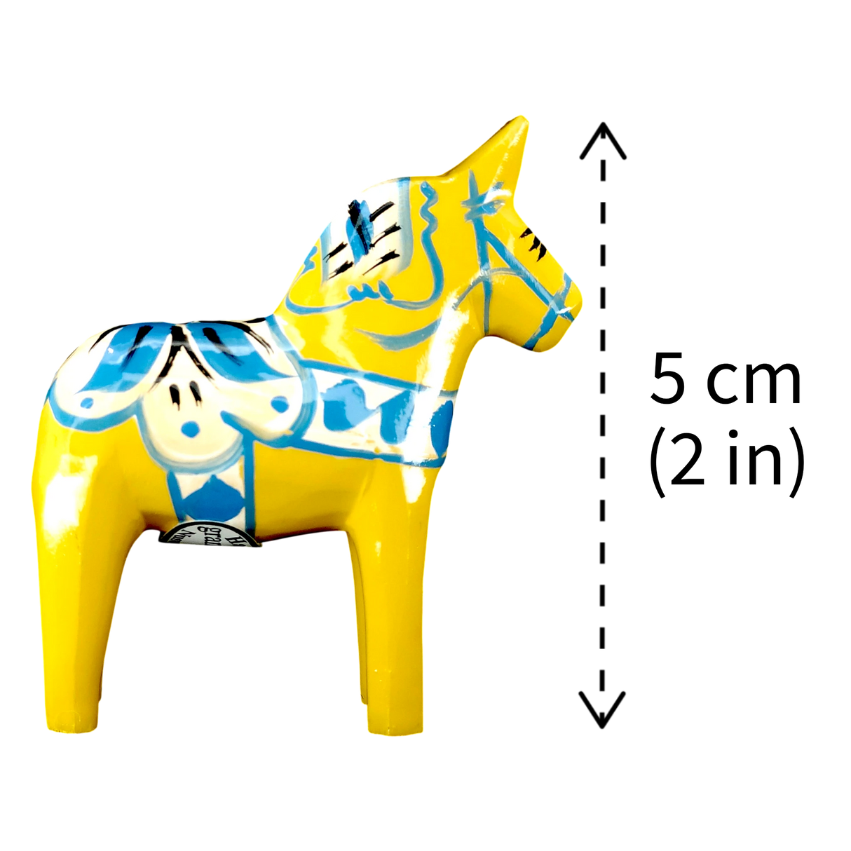 Dala Horse: Yellow Swedish Dala Horse with Blue and White Kurbits "Swedish Flag Colors" | Grannas A. Olsson | Handcrafted in Sweden