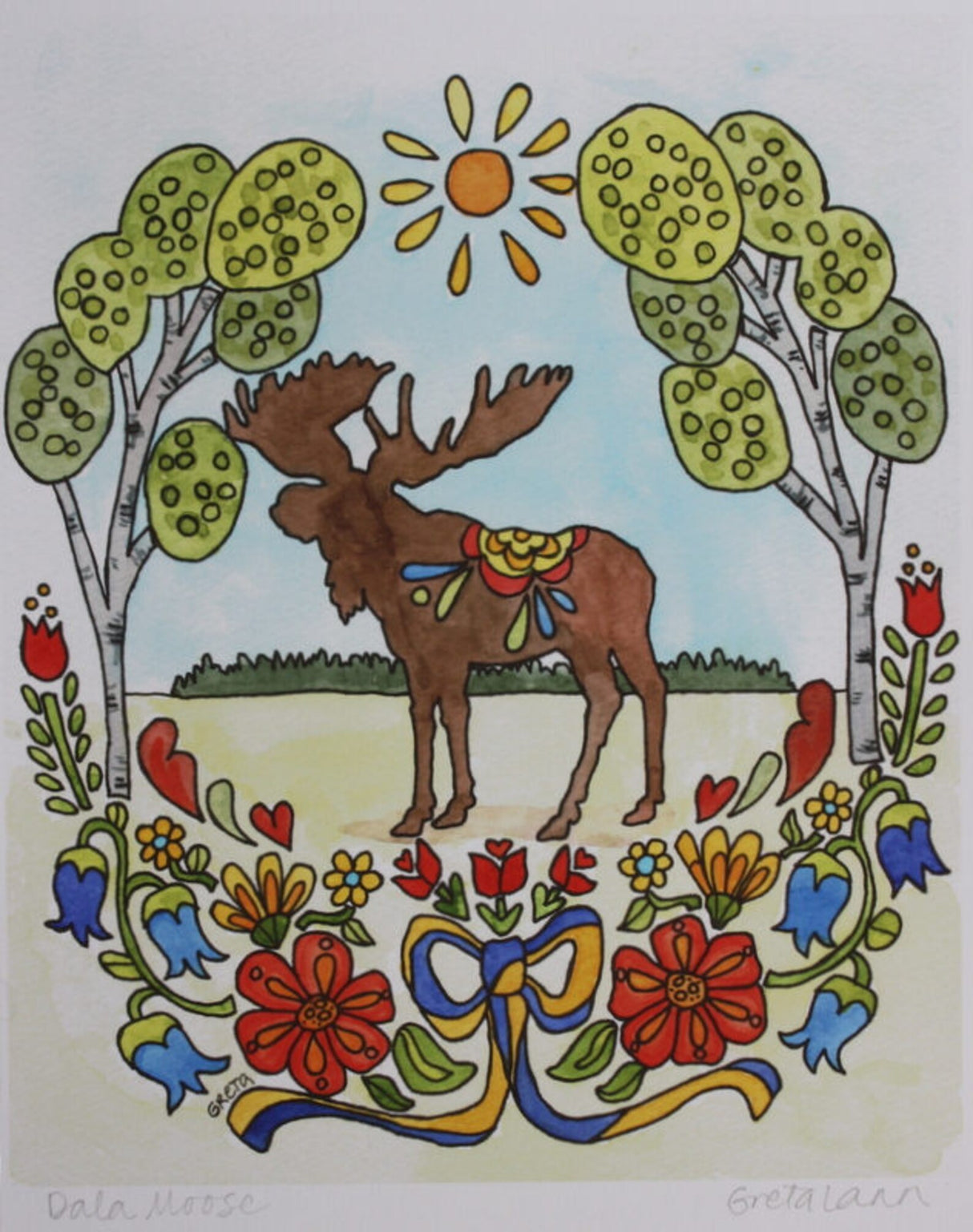 Greta Lann's "Dala Moose" 11x14 print features a brown moose standing on grass between trees under the sun, with vibrant flowers and a blue ribbon in a charming Swedish art style.