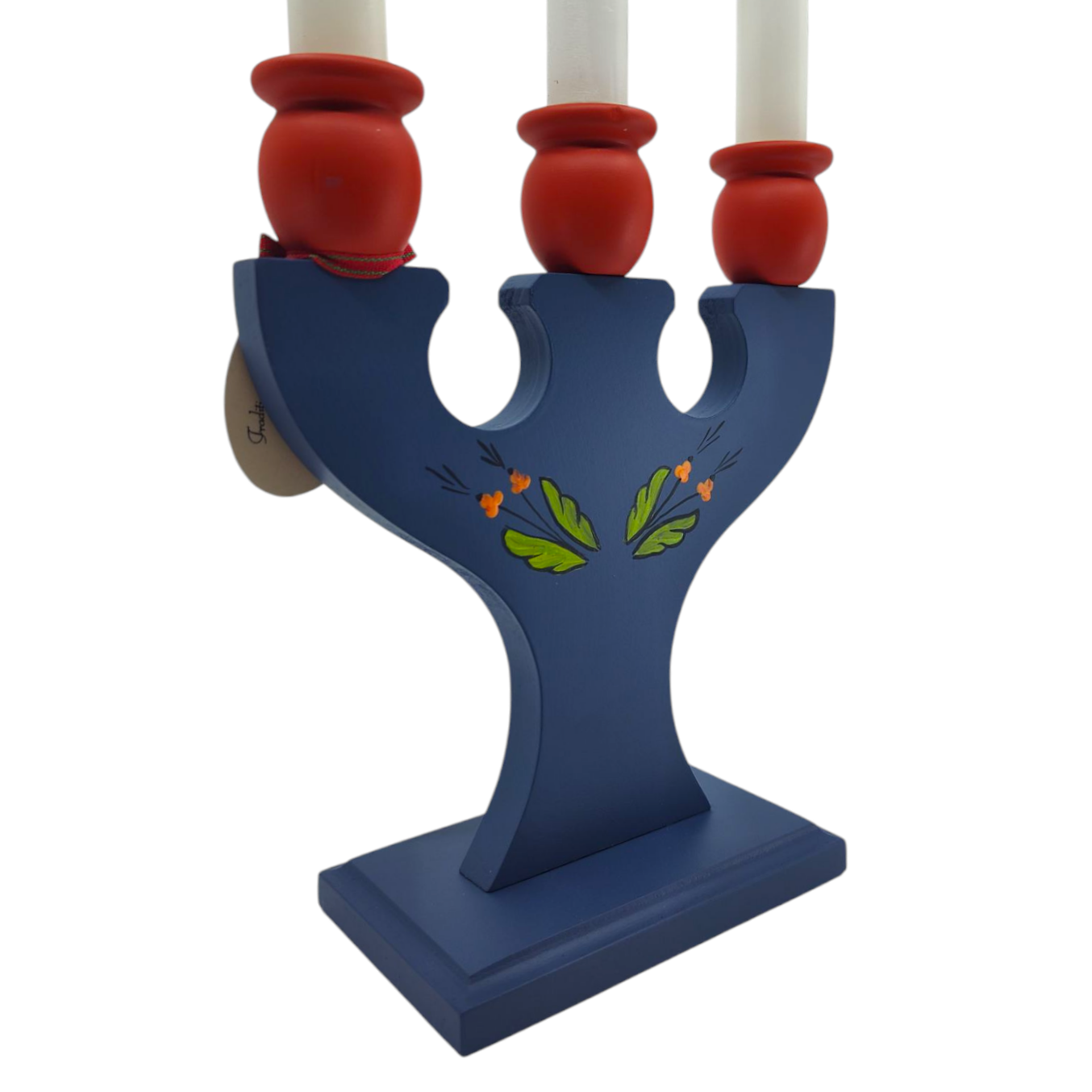 This hand-crafted Swedish candle holder, inspired by traditional Dala Horse designs, features a blue three-arm design with red accents, white candles, green leaves, and orange flowers.