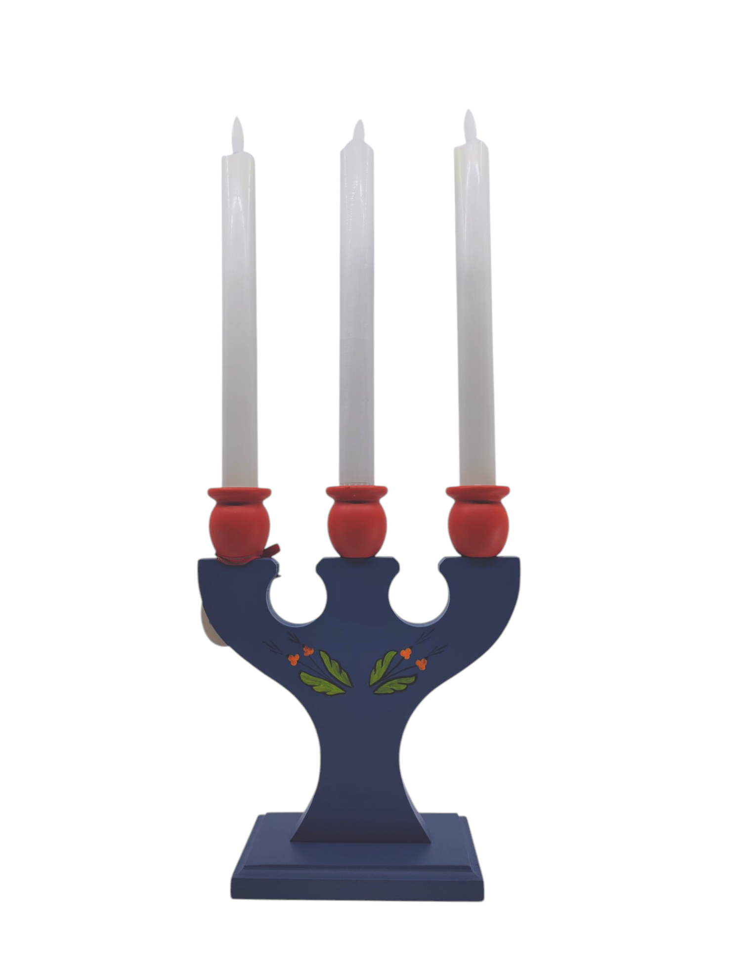A hand-crafted Swedish blue wooden candle holder features three white tapered candles in red holders, adorned with floral designs reminiscent of Kurbits art, and includes a charming Dala horse motif.