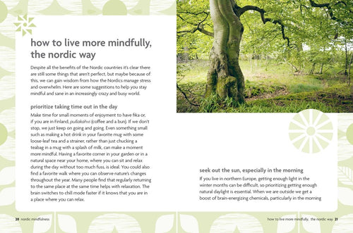 An open spread of Book: Nordic Wisdom Simplify Your Life & Cultivate Well-Being by Elisabeth Carlsson shows mindful living tips. The right page pictures a green Nordic forest with sunlight streaming through the trees.
