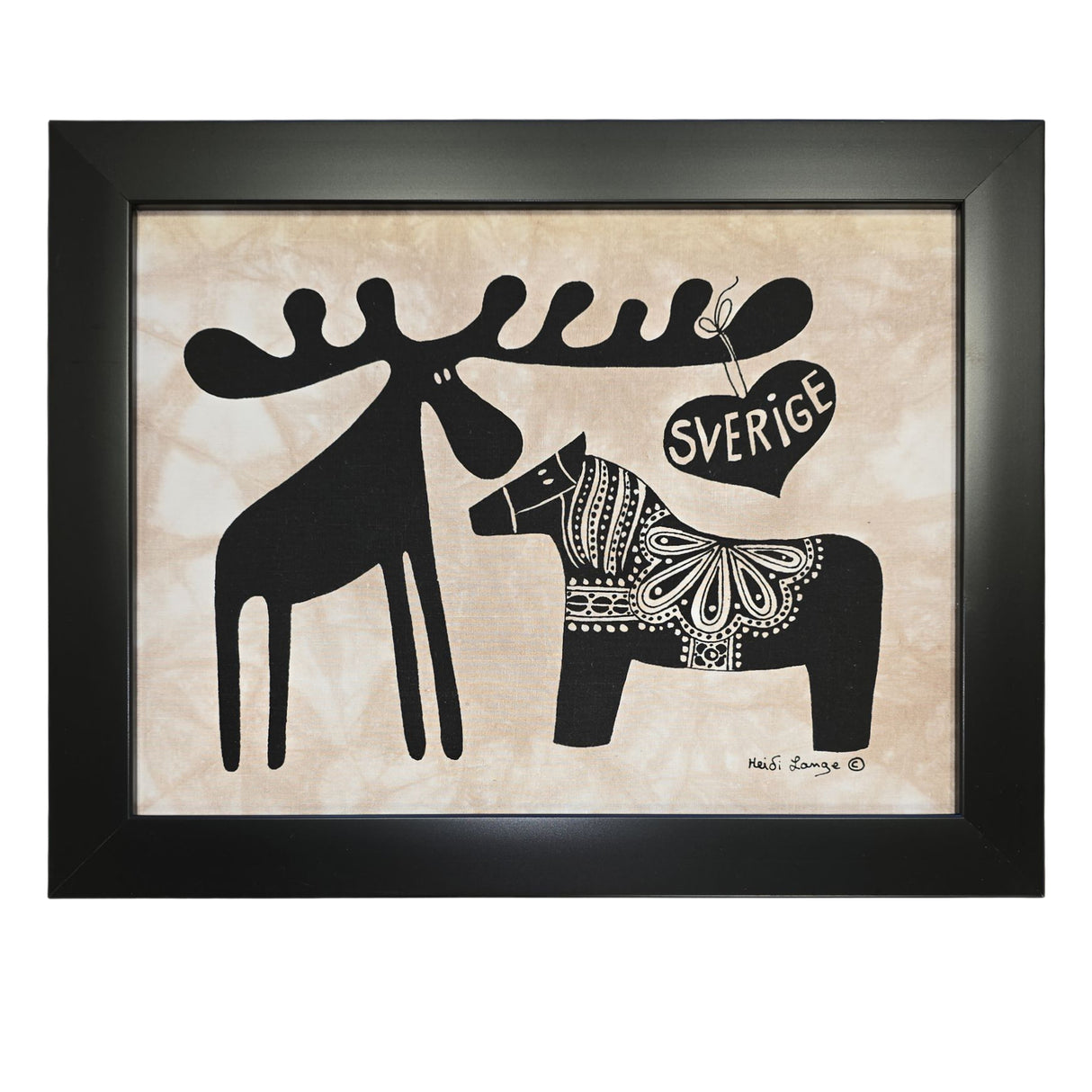 Artwork: Dala Horse with Moose "Sverige" Framed Batik Artwork 11x14 black frame