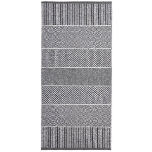 The Mixed Alice rug in grey, made from a cotton and vinyl blend, features a rectangular design with alternating striped and diamond patterns in black and white, suitable for both indoor and outdoor settings.