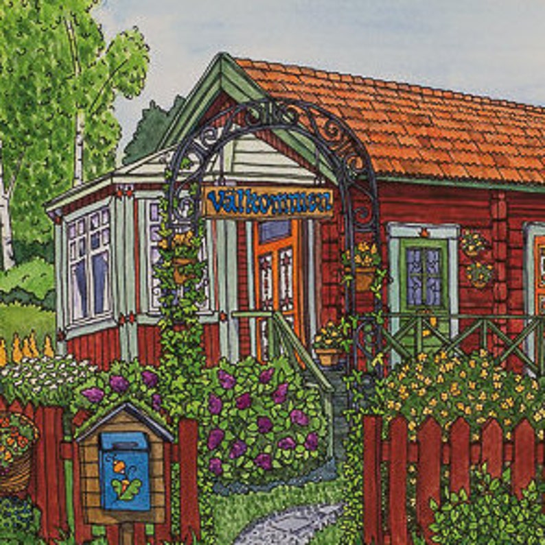 Charming illustration of a red house with garden and “Välkommen” sign, bordered by a red fence—ideal as "Swedish Dream" 8x10 print by Swedish artist Greta Lann, perfect for lovers of Sundborn Dalarna or Swedish house art.