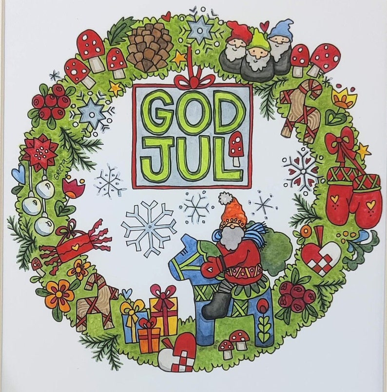 Festive God Jul wreath artwork by Greta Lann, 8x10 print with gnomes, mushrooms, gifts, flowers, and a Swedish Dala horse on green foliage.