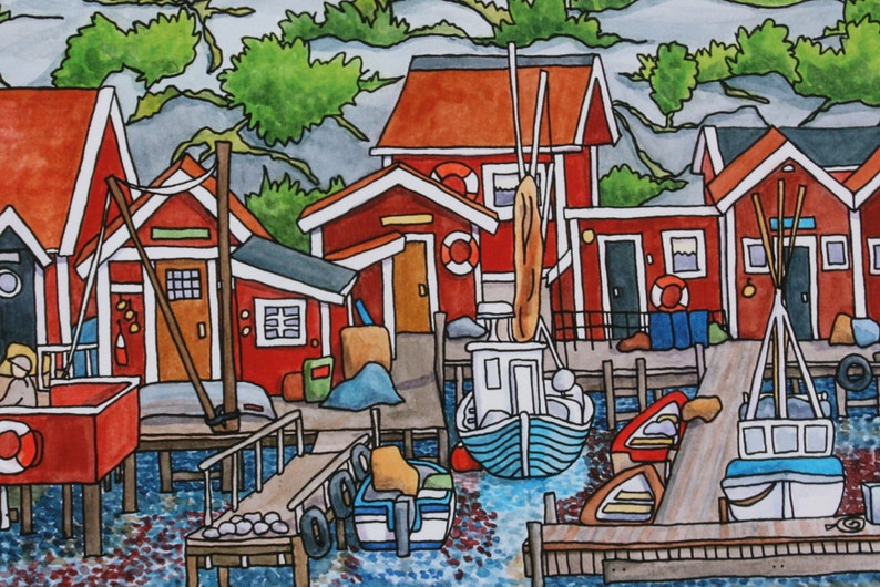 Autographed art print of "Swedish Harbor" by Greta Lann, featuring red wooden buildings, boats at piers, and green trees in the background.