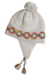 The Borjesson Handskar Pajala Knitted Beanie in light grey (Adult Medium) features ear flaps, pom-pom, colorful woven pattern, and braided tassels—a cozy Shetland wool hat for warmth and style.