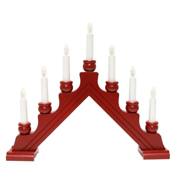 Star Tradings Karin Electric 7-Light Candelabra: A traditional triangular-shaped red wooden candelabra made in Sweden, featuring seven white electric candles.