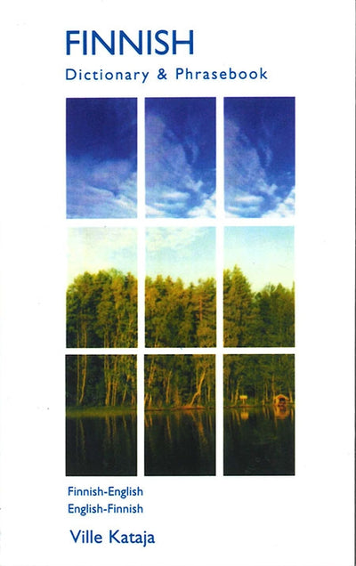 Book cover titled "Finnish Dictionary & Phrasebook," featuring a grid of sky and forest images, ideal for anyone in need of a thorough Finnish-English dictionary or convenient travel tips for Finland.