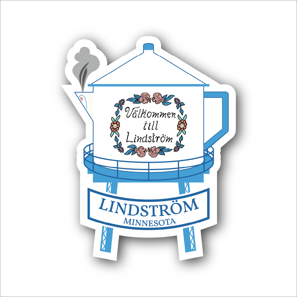 The Nordic Sticker features the iconic Lindström Water Tower as a Swedish coffee pot adorned with flowers, with Välkommen till Lindström in Swedish and Lindström, Minnesota in English. The 3x4-inch glossy sticker is UV and water-resistant, dishwasher safe, and easy to peel. Buy 3 Get 1 Free!.