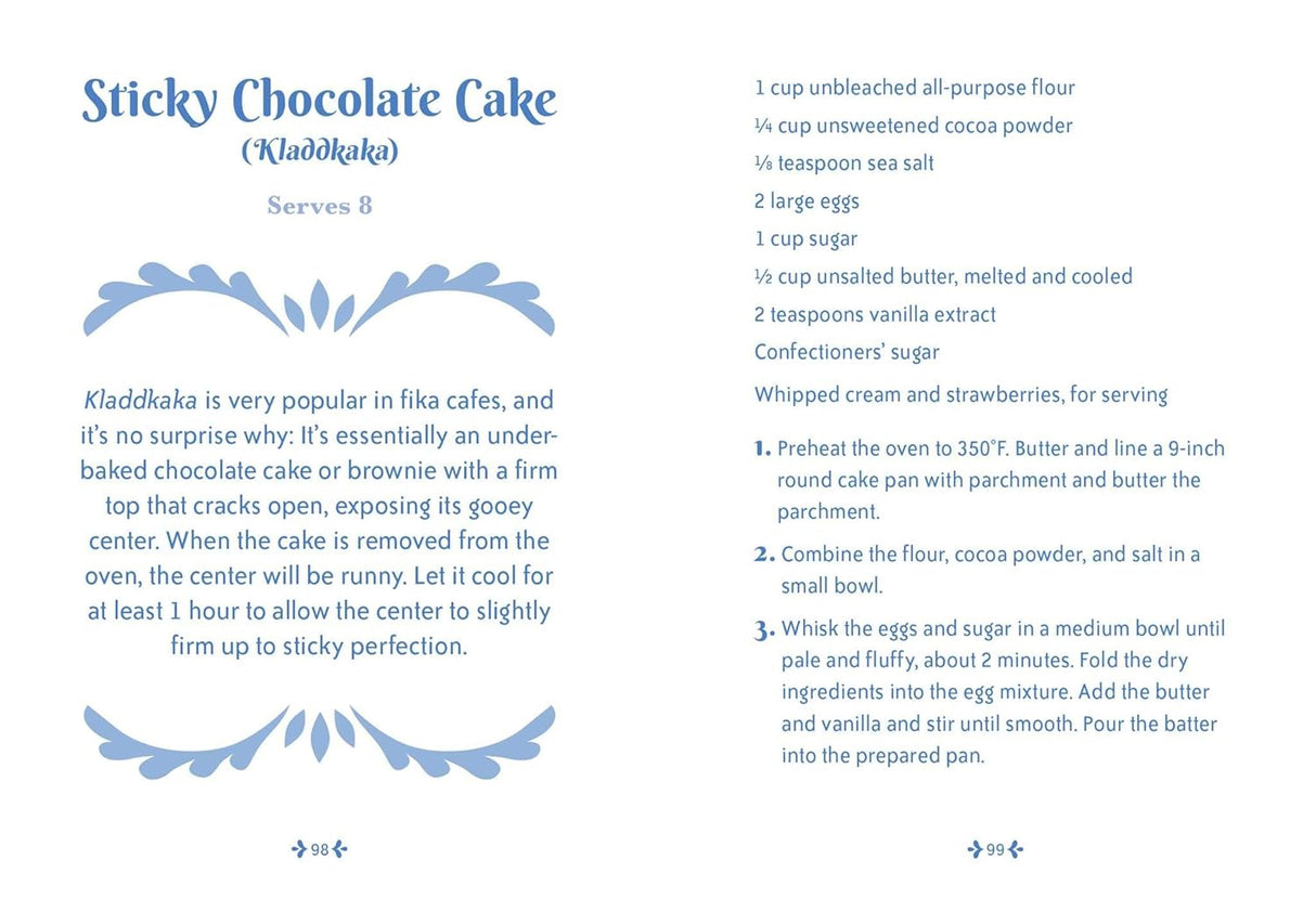 Recipe card for Sticky Chocolate Cake (Kladdkaka), featured in "Little Book of Fika" by Lynda Balslev, with ingredients, steps, and a dessert description, perfect for enjoying during a Swedish coffee break.