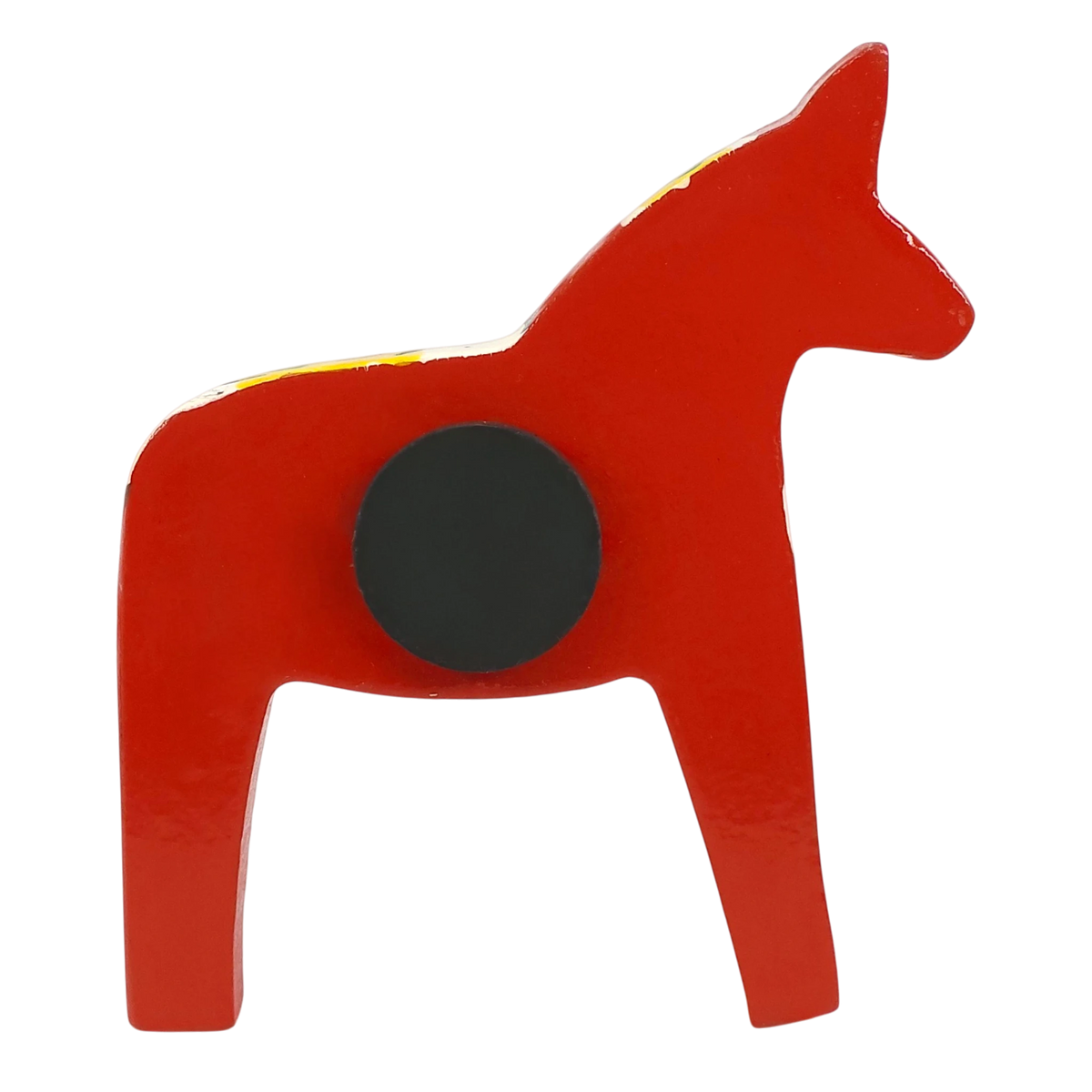 Red wooden Dala Horse magnet with a black circular spot on its side, displayed against a plain white background.