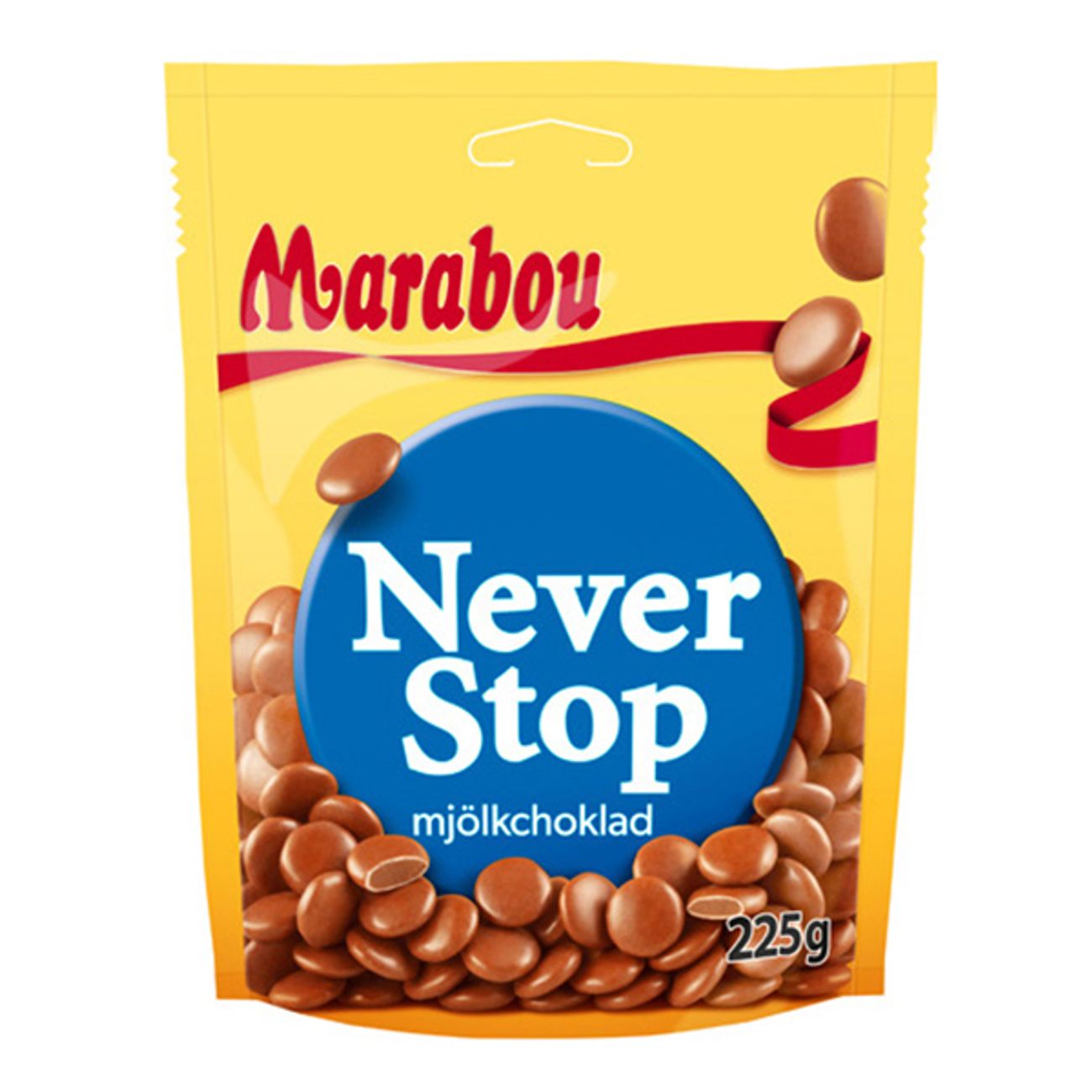 A 225g (approx. 8 oz) bag of Marabou Never Stop Milk Chocolate candies, with the product name in white on a blue circle and chocolate candy images on bright yellow packaging.