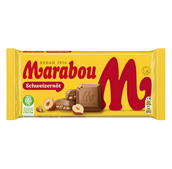Marabou Schweizernöt (Swiss Nut, 200g) is a milk chocolate bar with whole hazelnuts in yellow packaging, featuring red text and images of the chocolate and hazelnuts on the front.
