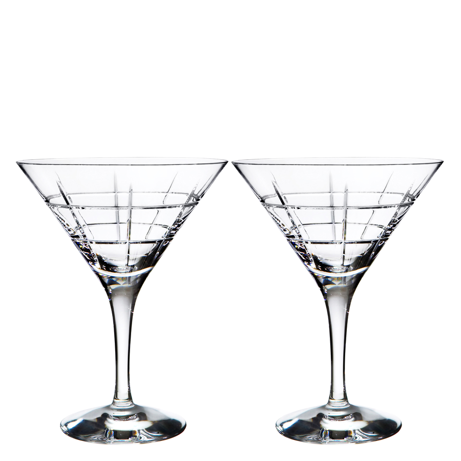 Two Orrefors Street Martini Glasses, designed by Jan Johansson with etched geometric patterns, are displayed against a pristine white background.