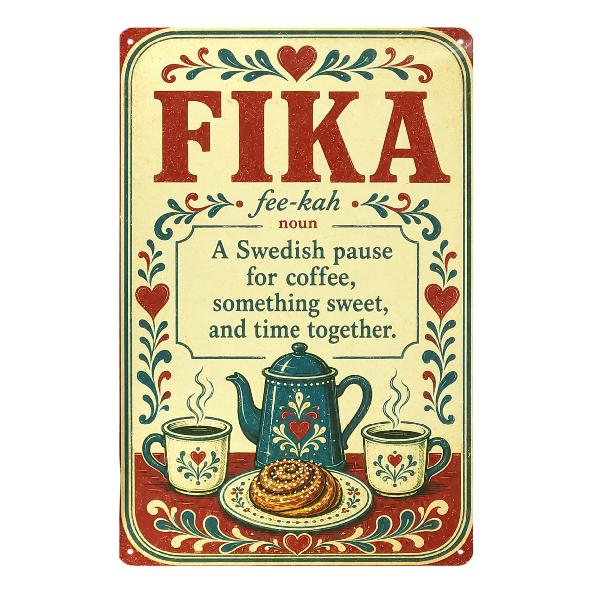 Vintage metal wall sign featuring the word “FIKA” with its definition, illustrations of coffee, cinnamon rolls, and floral Scandinavian-style mugs.