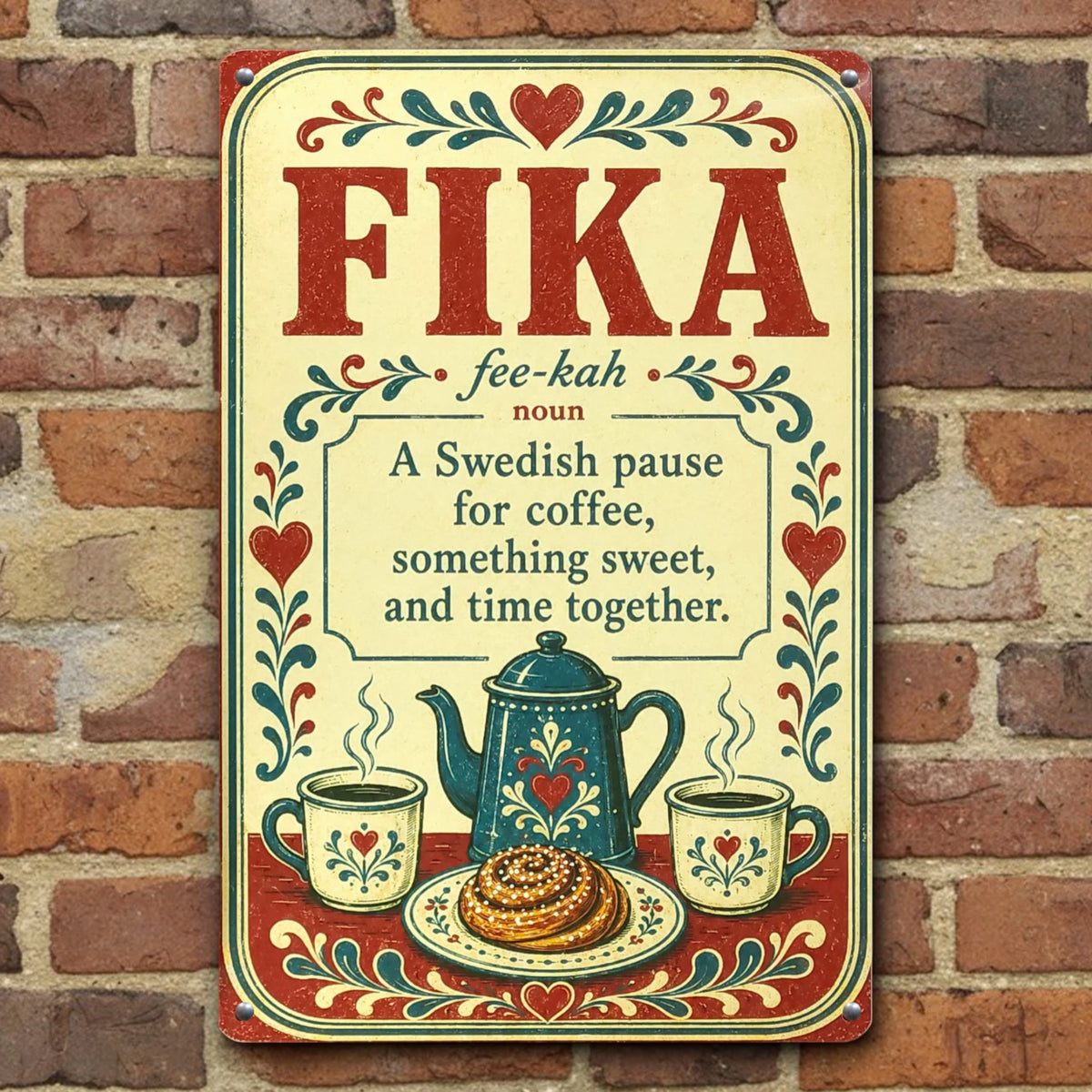 Swedish fika sign displayed on a brick wall, featuring illustrations of coffee, pastries, and floral patterns in red, blue, and yellow.