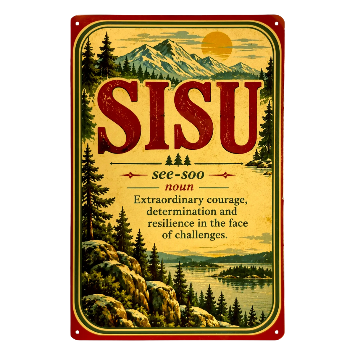 Wall decor sign featuring the word SISU, its pronunciation, and definition above a Nordic mountain lake landscape illustration.