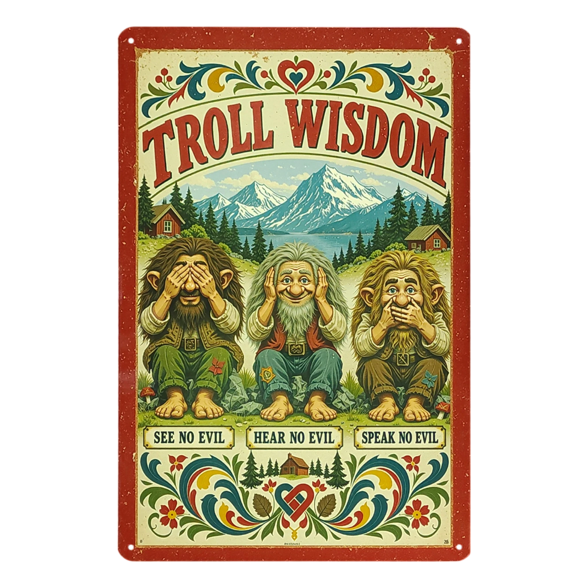 Scandinavian-style sign featuring three trolls in see no evil, hear no evil, speak no evil poses by mountains, with “Troll Wisdom” text, flowers, and heart motifs.