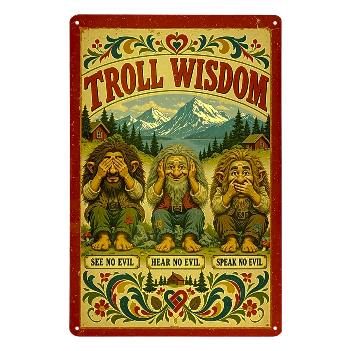Metal sign depicting three trolls performing see-no-evil, hear-no-evil, and speak-no-evil, set against a mountain landscape with Nordic decor and kurbits floral borders.