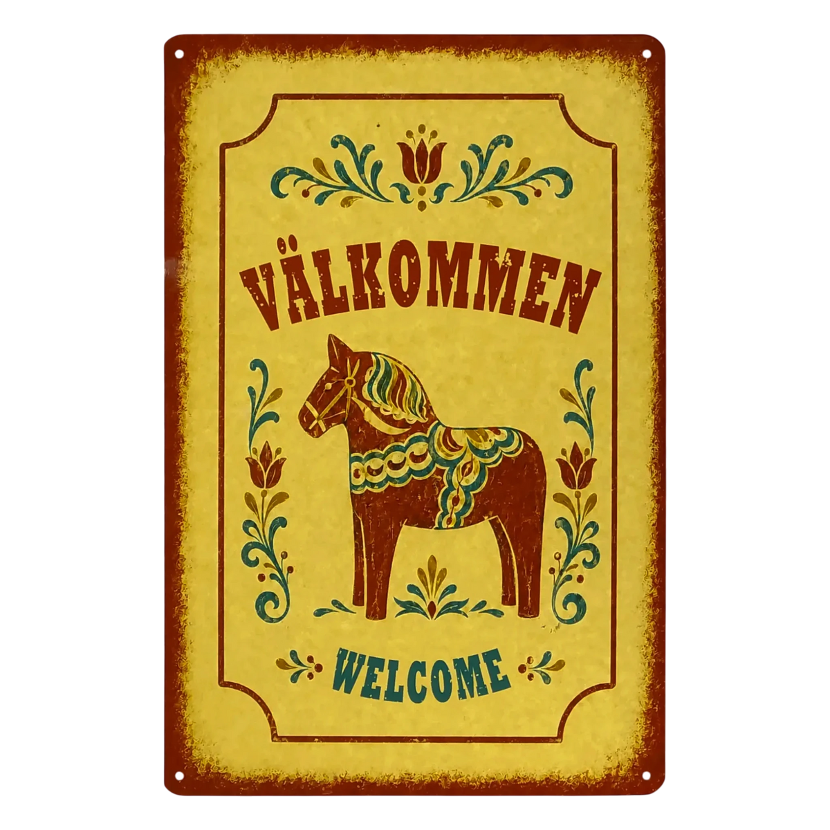 Rectangular metal sign featuring a Dala horse, floral rosemaling patterns, and the text VÄLKOMMEN and WELCOME.