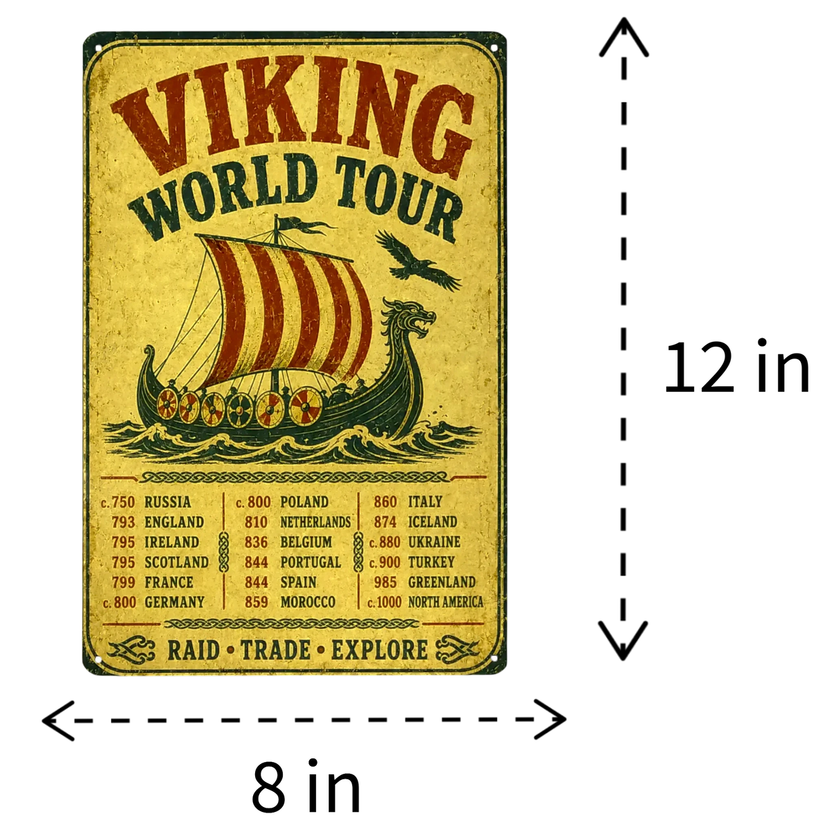 8 by 12-inch metal sign featuring a Viking ship illustration alongside a list of historical dates and locations.