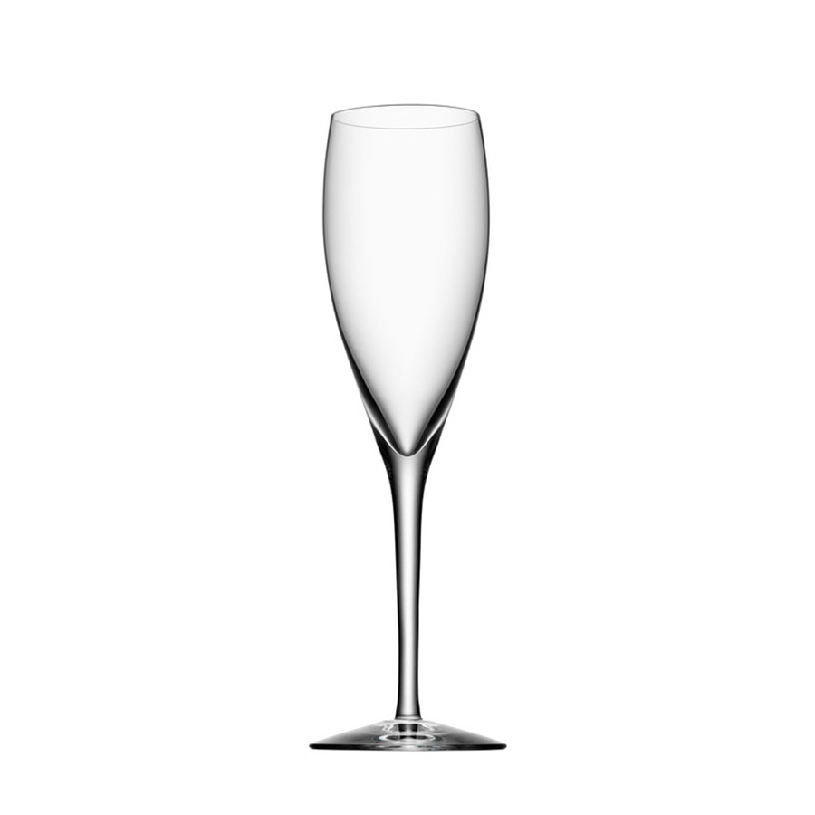 A set of four clear Orrefors: More Champagne 6 oz glasses with long stems is centered on a white background.